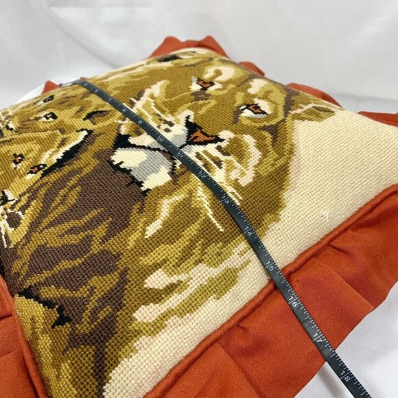 LION & CUBS Face Down Pillow 13 x 13 Inch Needlepoint Beige / Orange Vintage - Picture 7 of 8